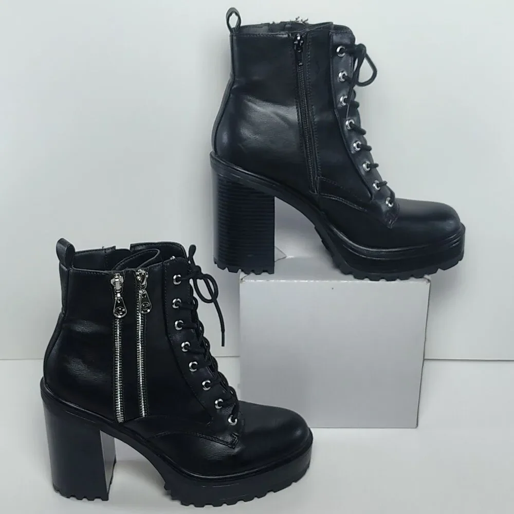 GBG Los Angeles Womens 10M Black Lace-Up Zip Up Chunky Heel Ankle Goth Boots